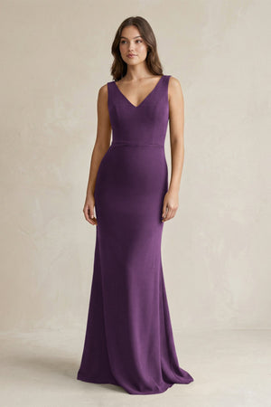V - Neck Sheath Satin Maxi Bridesmaid Dress in Plum - KISS BRIDAL Bridesmaid Dresses