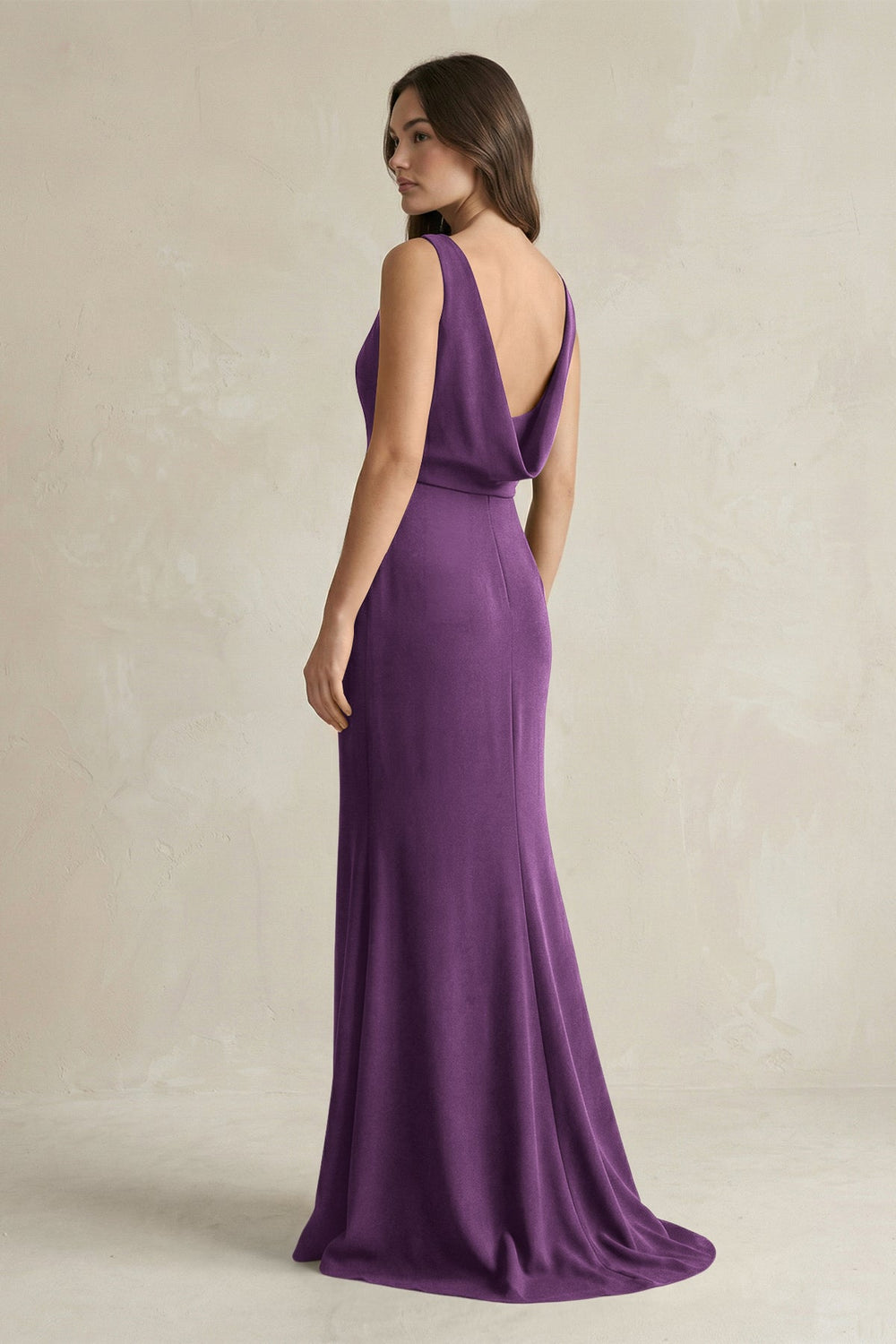 V - Neck Sheath Satin Maxi Bridesmaid Dress in Plum - KISS BRIDAL Bridesmaid Dresses