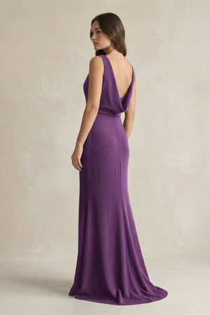 V - Neck Sheath Satin Maxi Bridesmaid Dress in Plum - KISS BRIDAL Bridesmaid Dresses