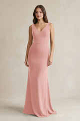 V - Neck Sheath Satin Maxi Bridesmaid Dress in Rose Petal - KISS BRIDAL Bridesmaid Dresses