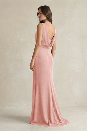 V - Neck Sheath Satin Maxi Bridesmaid Dress in Rose Petal - KISS BRIDAL Bridesmaid Dresses