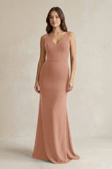 V - Neck Sheath Satin Maxi Bridesmaid Dress in Rosette - KISS BRIDAL Bridesmaid Dresses