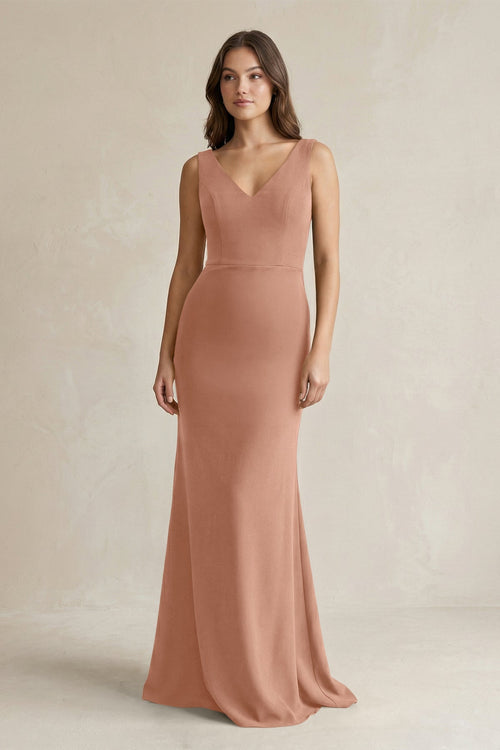 V - Neck Sheath Satin Maxi Bridesmaid Dress in Rosette - SHE IS ME Bridesmaid Dresses