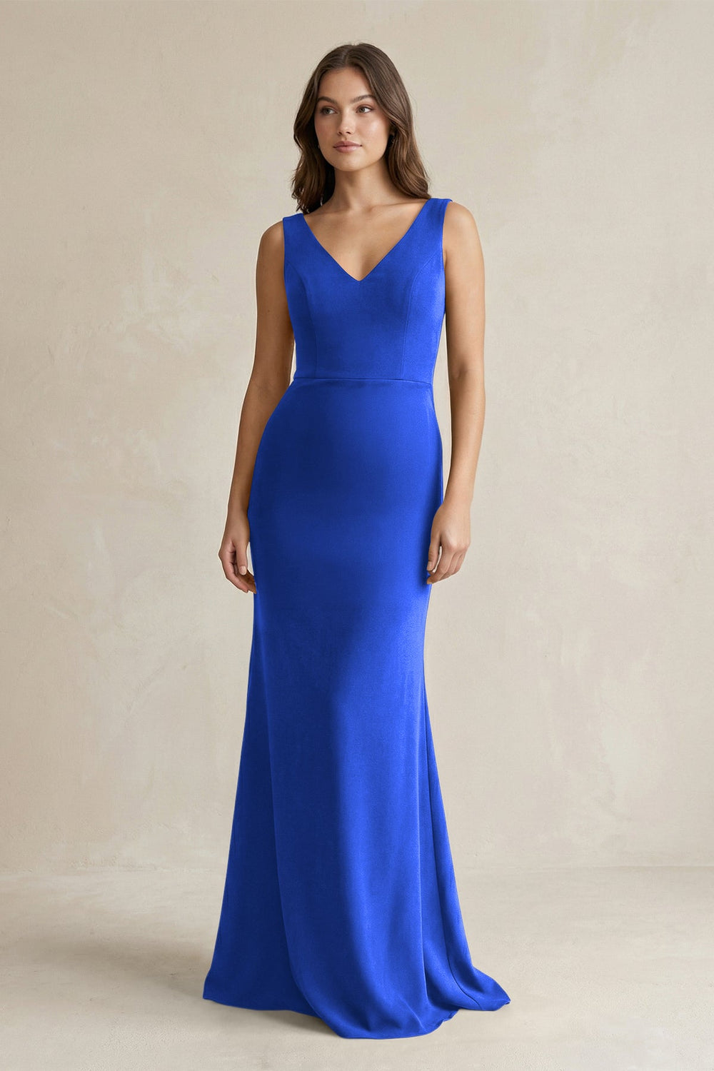 V - Neck Sheath Satin Maxi Bridesmaid Dress in Royal Blue - KISS BRIDAL Bridesmaid Dresses