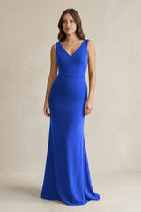 V - Neck Sheath Satin Maxi Bridesmaid Dress in Royal Blue - KISS BRIDAL Bridesmaid Dresses