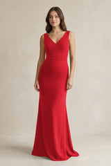 V - Neck Sheath Satin Maxi Bridesmaid Dress in Ruby Red - KISS BRIDAL Bridesmaid Dresses