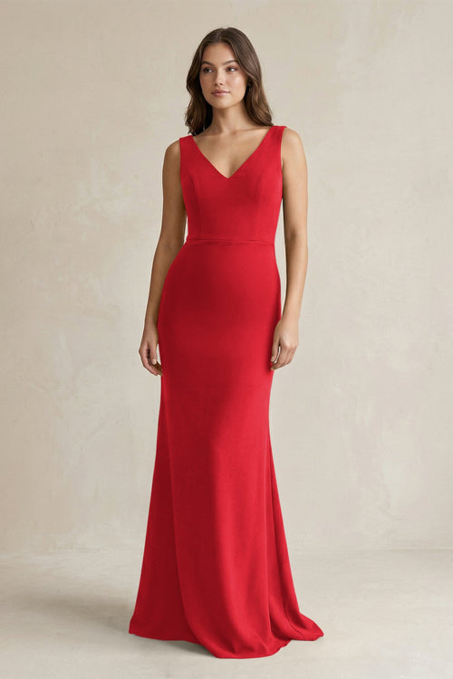 V - Neck Sheath Satin Maxi Bridesmaid Dress in Ruby Red - SHE IS ME Bridesmaid Dresses
