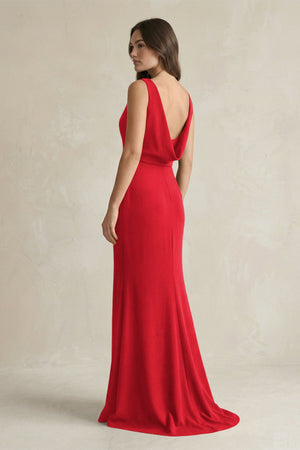 V - Neck Sheath Satin Maxi Bridesmaid Dress in Ruby Red - SHE IS ME Bridesmaid Dresses