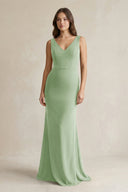V - Neck Sheath Satin Maxi Bridesmaid Dress in Sage - SHE IS ME Bridesmaid Dresses