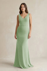 V - Neck Sheath Satin Maxi Bridesmaid Dress in Sage - KISS BRIDAL Bridesmaid Dresses
