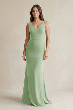 V - Neck Sheath Satin Maxi Bridesmaid Dress in Sage - SHE IS ME Bridesmaid Dresses