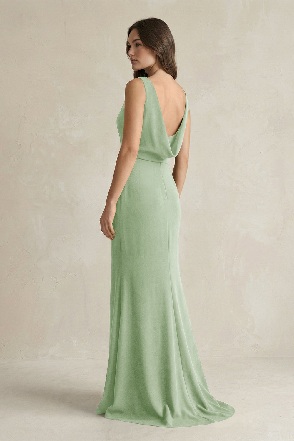 V - Neck Sheath Satin Maxi Bridesmaid Dress in Sage - SHE IS ME Bridesmaid Dresses