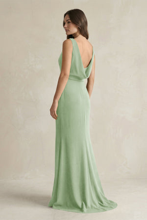 V - Neck Sheath Satin Maxi Bridesmaid Dress in Sage - SHE IS ME Bridesmaid Dresses
