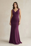 V - Neck Sheath Satin Maxi Bridesmaid Dress in Sangria - SHE IS ME Bridesmaid Dresses