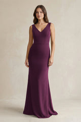 V - Neck Sheath Satin Maxi Bridesmaid Dress in Sangria - KISS BRIDAL Bridesmaid Dresses