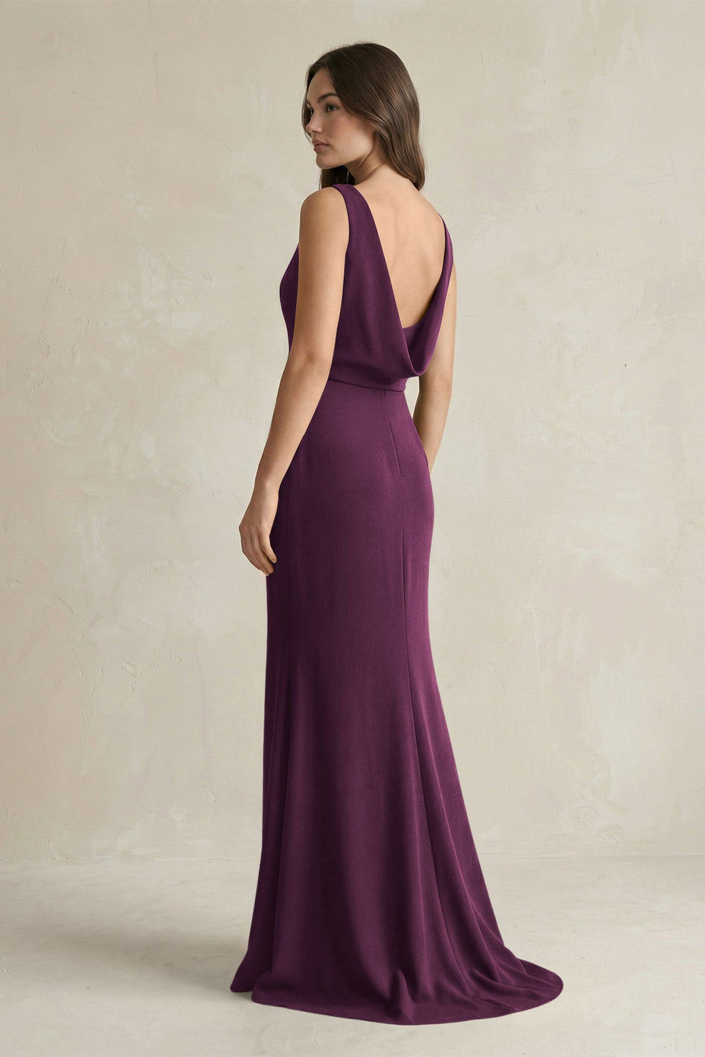 V - Neck Sheath Satin Maxi Bridesmaid Dress in Sangria - SHE IS ME Bridesmaid Dresses