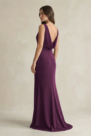 V - Neck Sheath Satin Maxi Bridesmaid Dress in Sangria - SHE IS ME Bridesmaid Dresses