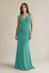 V - Neck Sheath Satin Maxi Bridesmaid Dress in Sea Glass - KISS BRIDAL Bridesmaid Dresses