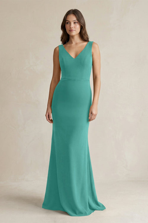 V - Neck Sheath Satin Maxi Bridesmaid Dress in Sea Glass - KISS BRIDAL Bridesmaid Dresses