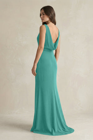 V - Neck Sheath Satin Maxi Bridesmaid Dress in Sea Glass - KISS BRIDAL Bridesmaid Dresses