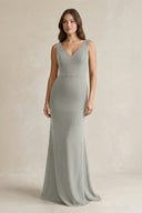 V - Neck Sheath Satin Maxi Bridesmaid Dress in Silver - SHE IS ME Bridesmaid Dresses