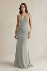 V - Neck Sheath Satin Maxi Bridesmaid Dress in Silver - KISS BRIDAL Bridesmaid Dresses