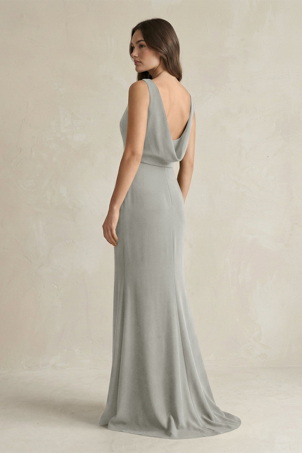 V - Neck Sheath Satin Maxi Bridesmaid Dress in Silver - KISS BRIDAL Bridesmaid Dresses