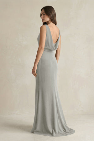 V - Neck Sheath Satin Maxi Bridesmaid Dress in Silver - SHE IS ME Bridesmaid Dresses