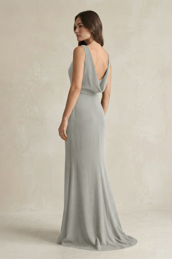 V - Neck Sheath Satin Maxi Bridesmaid Dress in Silver - SHE IS ME Bridesmaid Dresses