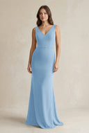 V - Neck Sheath Satin Maxi Bridesmaid Dress in Sky Blue - KISS BRIDAL Bridesmaid Dresses