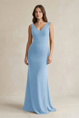 V - Neck Sheath Satin Maxi Bridesmaid Dress in Sky Blue - KISS BRIDAL Bridesmaid Dresses