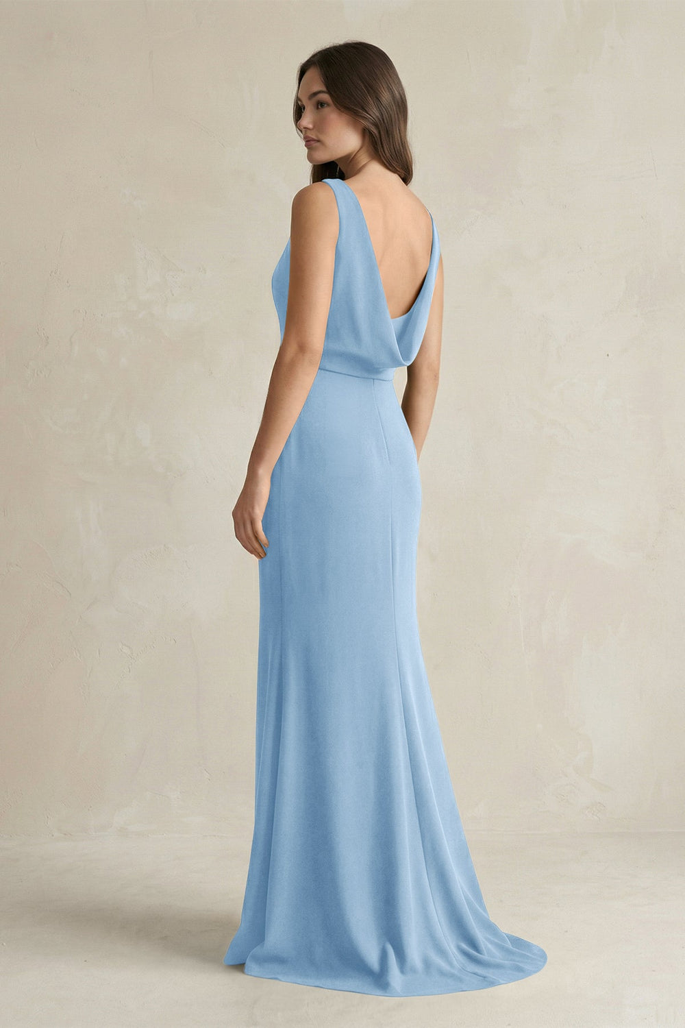 V - Neck Sheath Satin Maxi Bridesmaid Dress in Sky Blue - SHE IS ME Bridesmaid Dresses