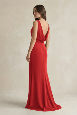 V - Neck Sheath Satin Maxi Bridesmaid Dress in Spice - SHE IS ME Bridesmaid Dresses