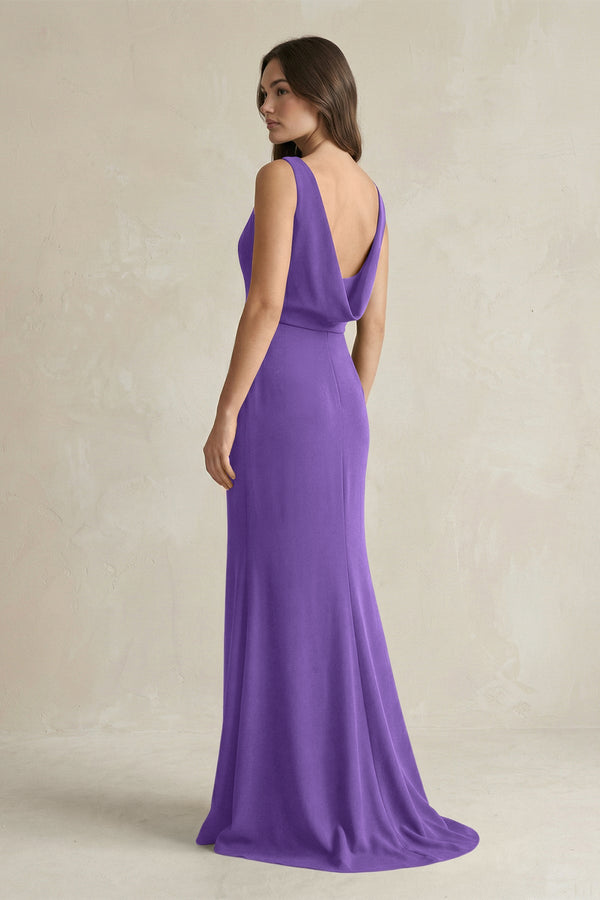 V - Neck Sheath Satin Maxi Bridesmaid Dress in Tahiti - KISS BRIDAL Bridesmaid Dresses