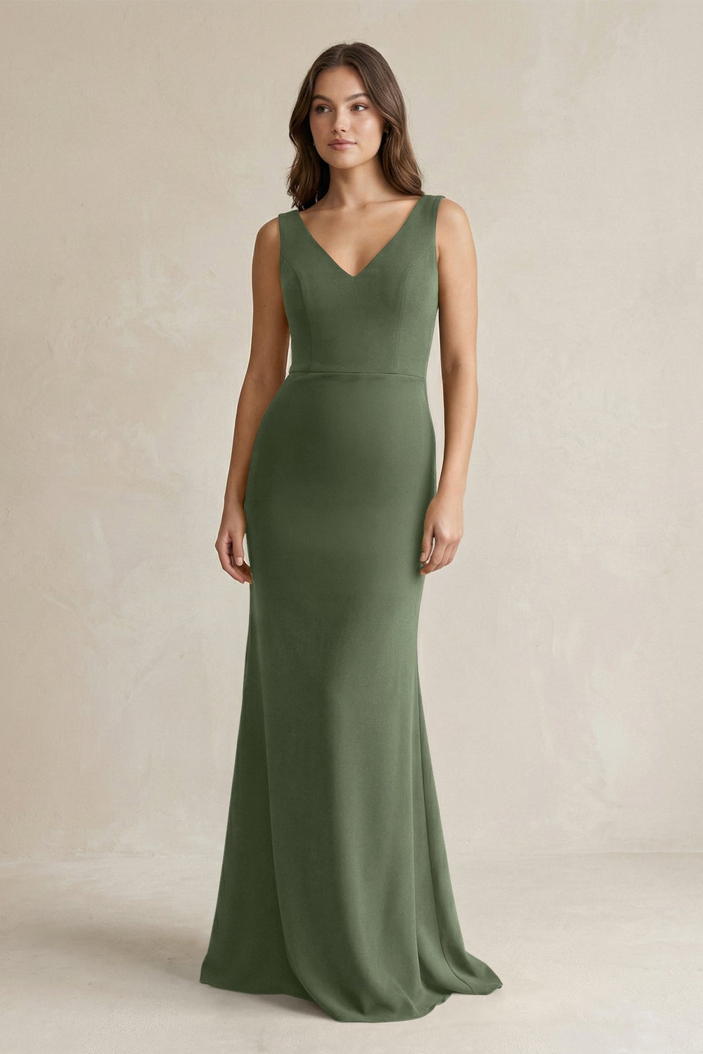 V - Neck Sheath Satin Maxi Bridesmaid Dress in Thyme - SHE IS ME Bridesmaid Dresses