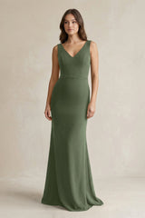 V - Neck Sheath Satin Maxi Bridesmaid Dress in Thyme - KISS BRIDAL Bridesmaid Dresses