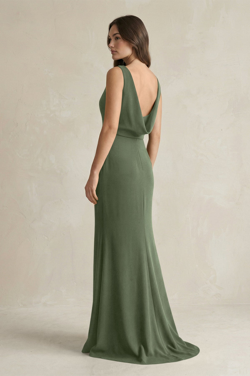 V - Neck Sheath Satin Maxi Bridesmaid Dress in Thyme - SHE IS ME Bridesmaid Dresses