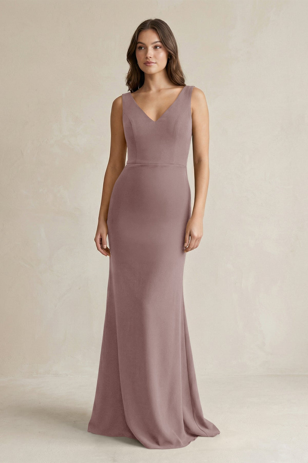 V - Neck Sheath Satin Maxi Bridesmaid Dress in Toffee - KISS BRIDAL Bridesmaid Dresses