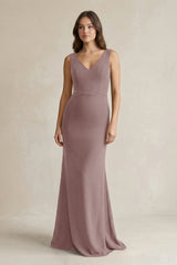 V - Neck Sheath Satin Maxi Bridesmaid Dress in Toffee - KISS BRIDAL Bridesmaid Dresses