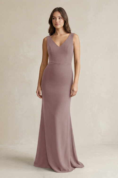 V - Neck Sheath Satin Maxi Bridesmaid Dress in Toffee - KISS BRIDAL Bridesmaid Dresses