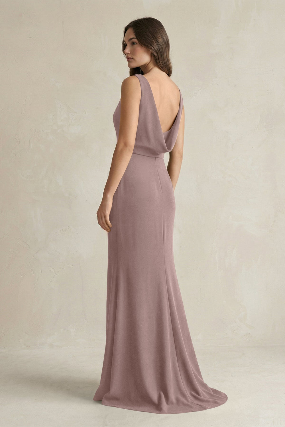 V - Neck Sheath Satin Maxi Bridesmaid Dress in Toffee - KISS BRIDAL Bridesmaid Dresses