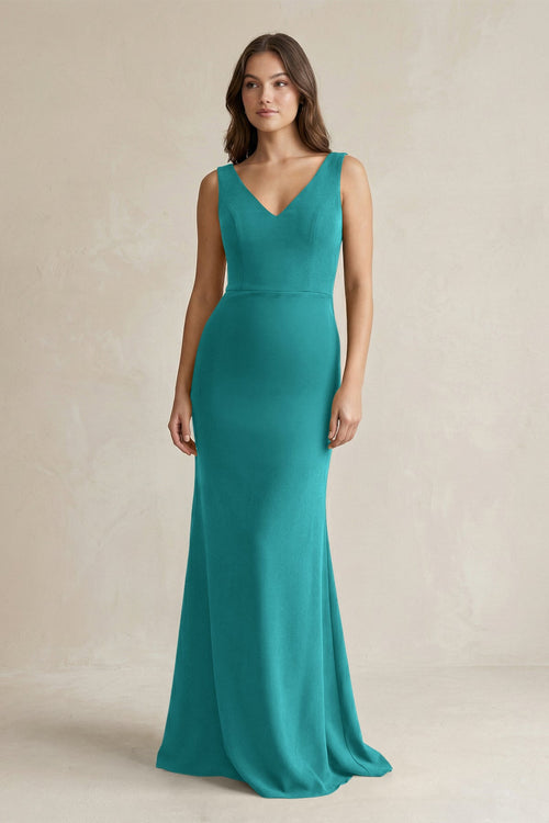 V - Neck Sheath Satin Maxi Bridesmaid Dress in Turquoise - KISS BRIDAL Bridesmaid Dresses