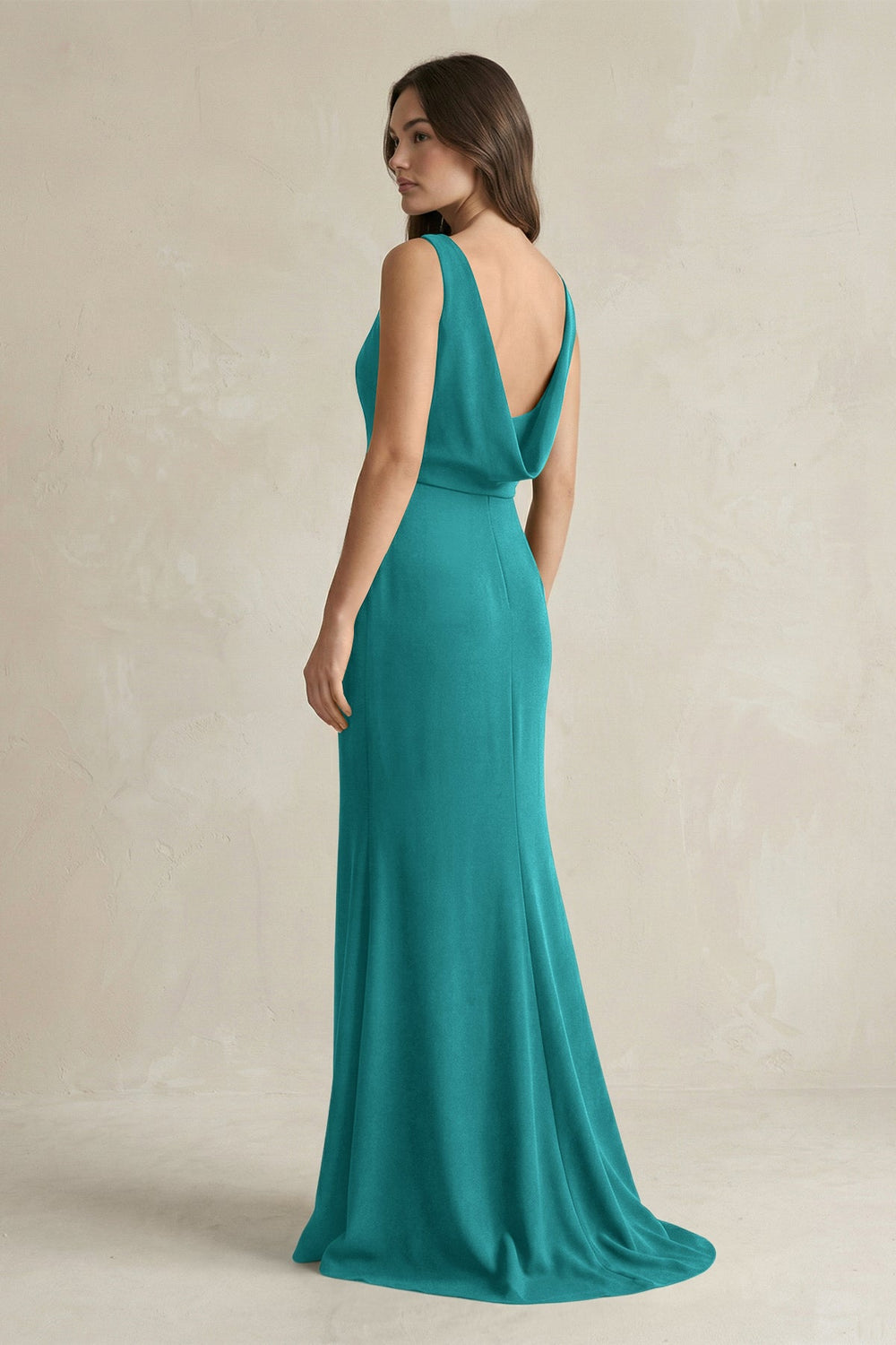V - Neck Sheath Satin Maxi Bridesmaid Dress in Turquoise - KISS BRIDAL Bridesmaid Dresses
