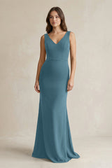 V - Neck Sheath Satin Maxi Bridesmaid Dress in Twilight - KISS BRIDAL Bridesmaid Dresses