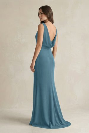 V - Neck Sheath Satin Maxi Bridesmaid Dress in Twilight - KISS BRIDAL Bridesmaid Dresses