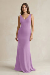 V - Neck Sheath Satin Maxi Bridesmaid Dress in Vintage Mauve - KISS BRIDAL Bridesmaid Dresses