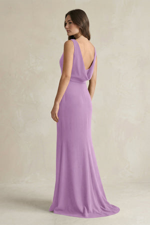 V - Neck Sheath Satin Maxi Bridesmaid Dress in Vintage Mauve - KISS BRIDAL Bridesmaid Dresses