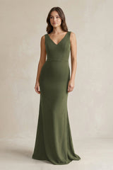 V - Neck Sheath Satin Maxi Bridesmaid Dress in Willow Green - KISS BRIDAL Bridesmaid Dresses