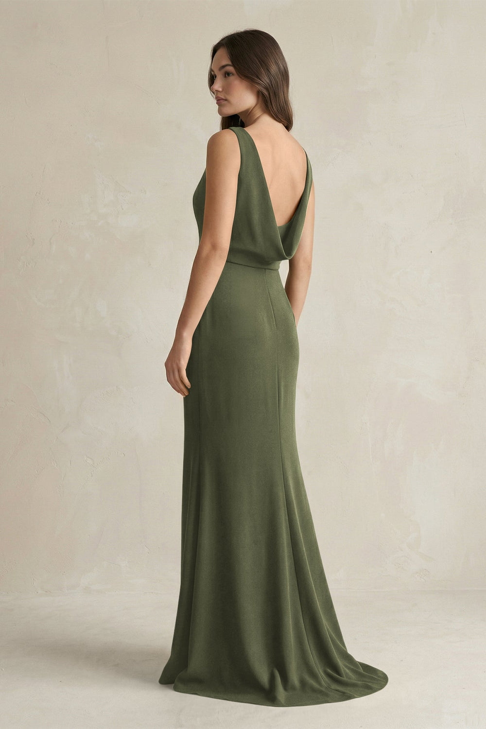 V - Neck Sheath Satin Maxi Bridesmaid Dress in Willow Green - SHE IS ME Bridesmaid Dresses