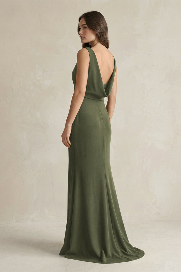 V - Neck Sheath Satin Maxi Bridesmaid Dress in Willow Green - KISS BRIDAL Bridesmaid Dresses